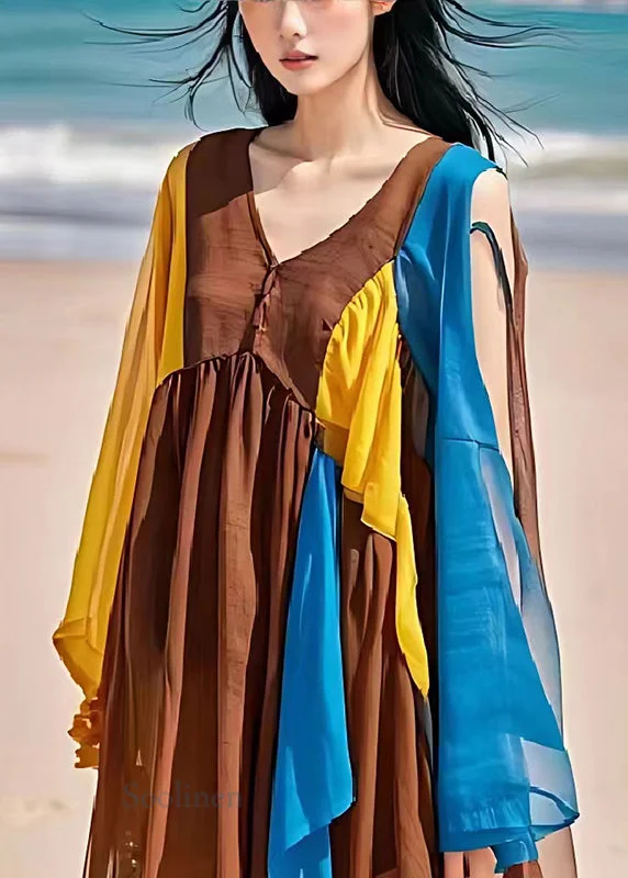 Buy Now lace dressElegant Coffee Cold Shoulder Patchwork Linen Dresses Summer