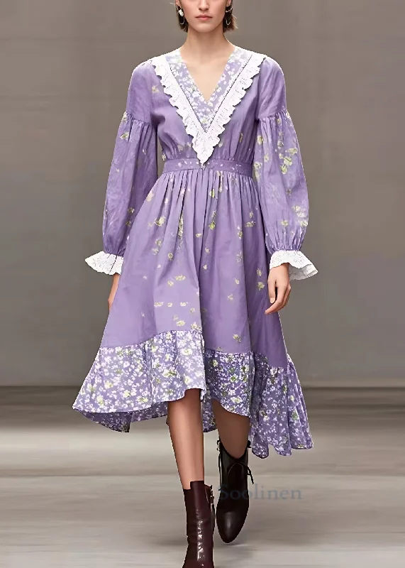 Limited Availability mini dressNovelty Purple V Neck Print High Waist Cotton Dresses Fall Limited Availability mini dressNovelty Purple V Neck Print High Waist Cotton Dresses Fall