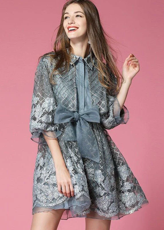 luxury dressGrey Organza Vacation Dress Embroideried Hollow Out Spring