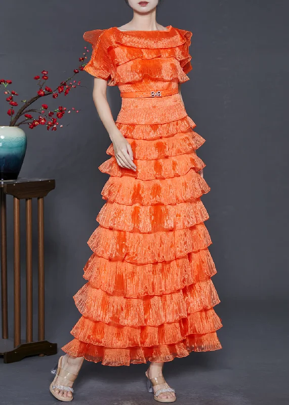 floral dressWomen Orange Ruffled Patchwork Layered Organza Dresses Summer