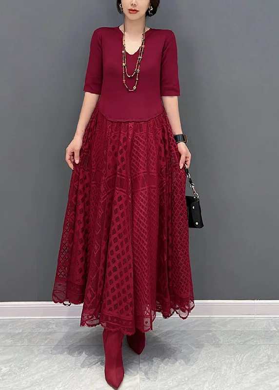 Lowest Price summer floral dressFine Red V Neck Tulle Patchwork Maxi Dress Fall