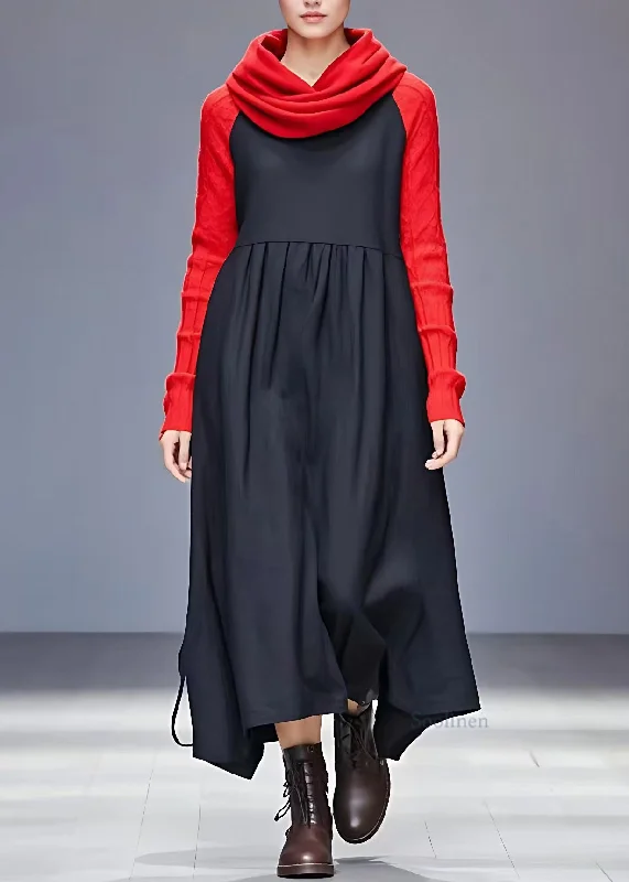Bonus Savings long sleeve dressHandmade Black Turtleneck Patchwork Long Dresses Long Sleeve