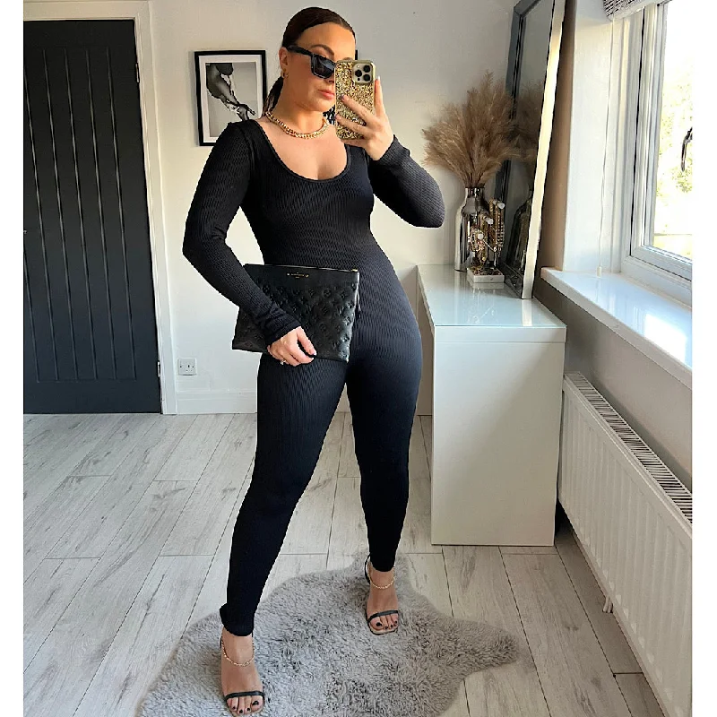 Savings Event PARIS Black Ribbed Unitard Jumpsuit
