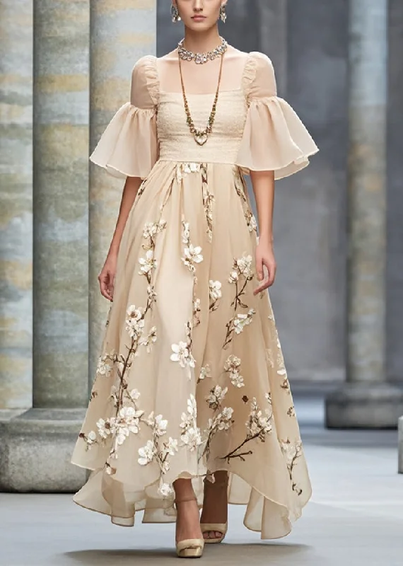 Overstock elegant dressOriginal Design Plum Blossom Print Chiffon Holiday Dress Flare Sleeve