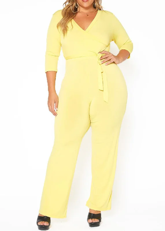 Buy Now Plus Size 3/4 Sleeves Fancy knit Waist tie Jumpsuit