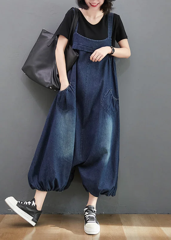 Super Deal Loose Dark Blue Slash Neck Patchwork Lantern Jumpsuit Summer TY1041