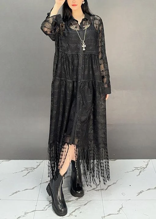 Holiday Sale flowy dressItalian Black Peter Pan Collar Tassel Hollow Out Cotton Shirts Dress Fall