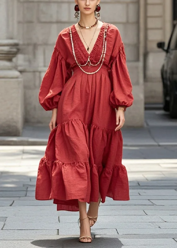 casual shift dressBoutique Red V Neck Wrinkled Cotton Vacation Dresses Lantern Sleeve