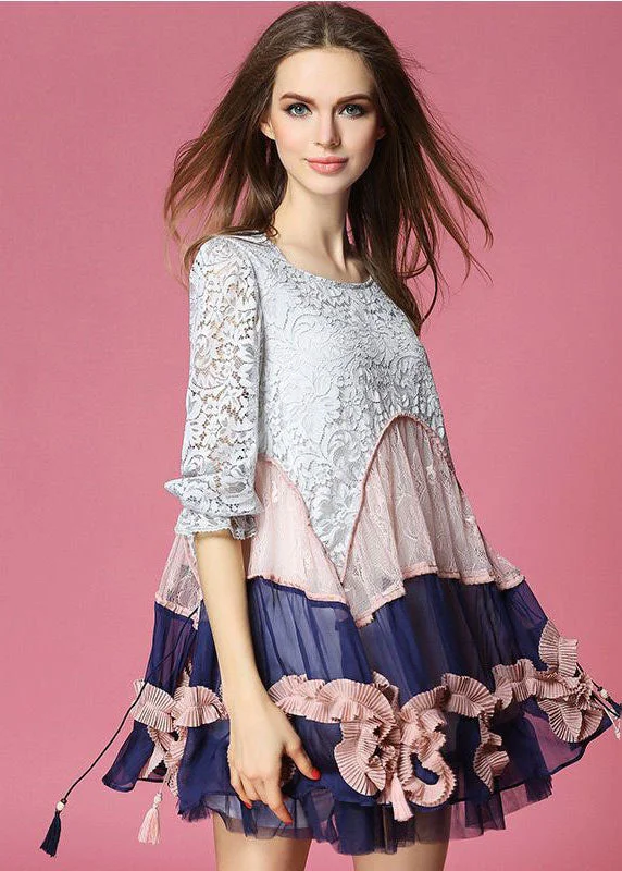 casual slip dressChic Colorblock Asymmetrical Design Patchwork Lace Vacation Dress Half Sleeve