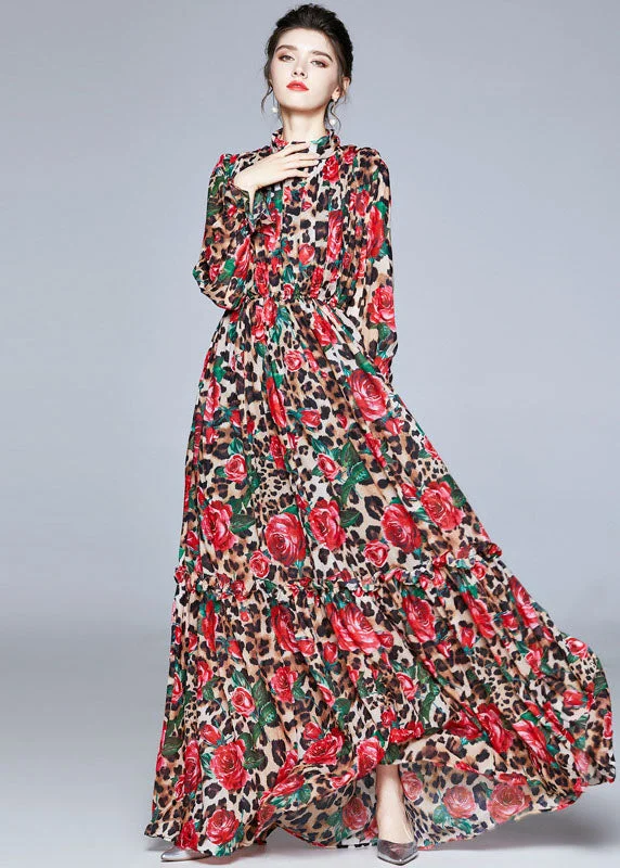 Daily Specials velvet dressFrench Red Stand Collar Ruffled Leopard Print Chiffon Long Dress Fall Daily Specials velvet dressFrench Red Stand Collar Ruffled Leopard Print Chiffon Long Dress Fall