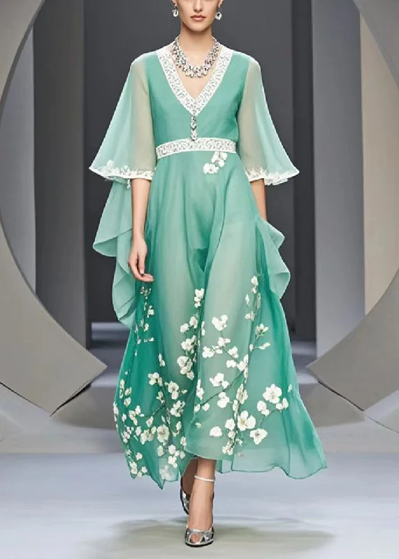 Grand Opening Sale pleated dressOrganic Lake Green V Neck Print Chiffon Maxi Dresses Summer