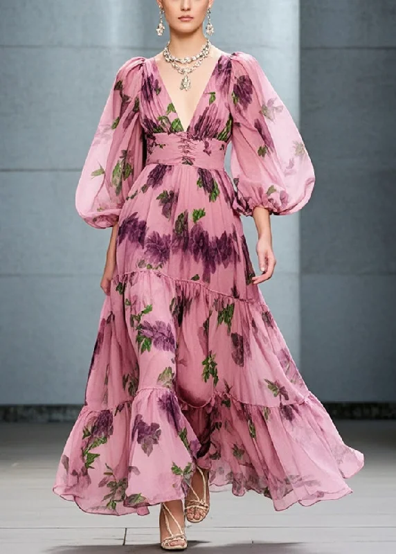 Low Prices wool dressOrganic Pink Cinched Print Exra Large Hem Chiffon Dresses Fall
