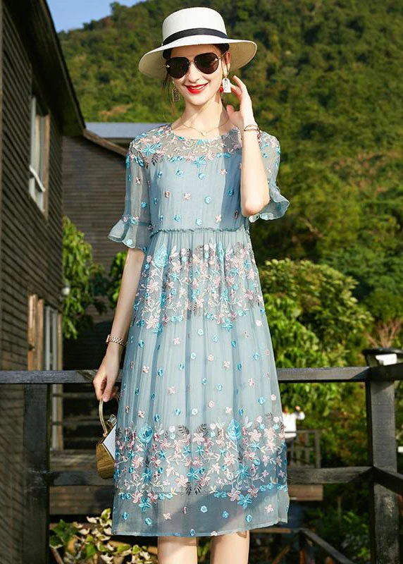 cocktail party dressChic Blue O-Neck Embroideried Ruffled Silk Vacation Dresses Short Sleeve