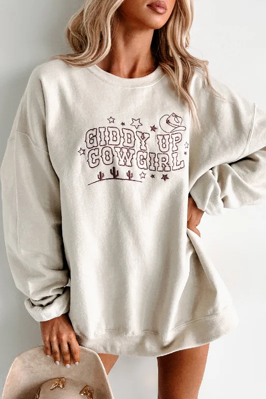 Shop and Save minima"Giddy Up Cowgirl" Embroidered Graphic Sweatshirt (Sand)
