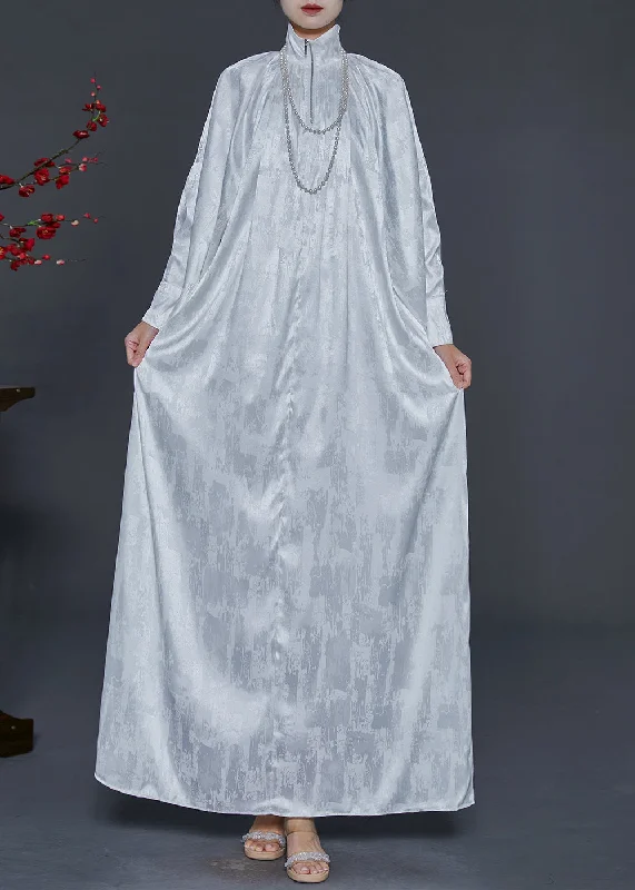 Huge Discounts casual shift dressChic White Zip Up Jacquard Wear On Both Sides Silk Long Dress Fall