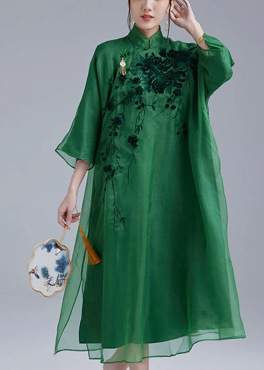New Arrival floral dressFine Green Mandarin Collar Embroideried Tulle Silk A Line Dress Bracelet Sleeve