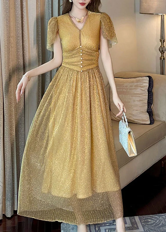 TIME-Limited Offer boho dressFitted Gold V Neck Wrinkled Patchwork Sequins Tulle Vacation Long Dresses Summer TIME-Limited Offer boho dressFitted Gold V Neck Wrinkled Patchwork Sequins Tulle Vacation Long Dresses Summer