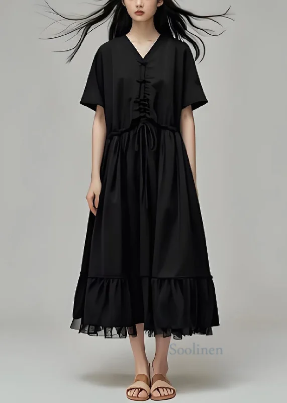 Exclusive Access denim dressBoutique Black V Neck Drawstring Patchwork Cotton Long Dress Summer Exclusive Access denim dressBoutique Black V Neck Drawstring Patchwork Cotton Long Dress Summer