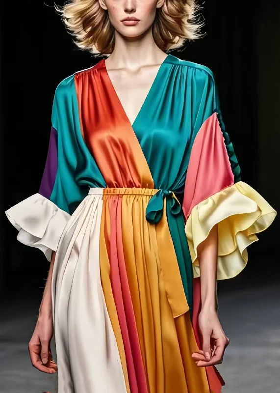 statement dressBoutique Colorblock V Neck Patchwork Silk Pleated Dress Summer