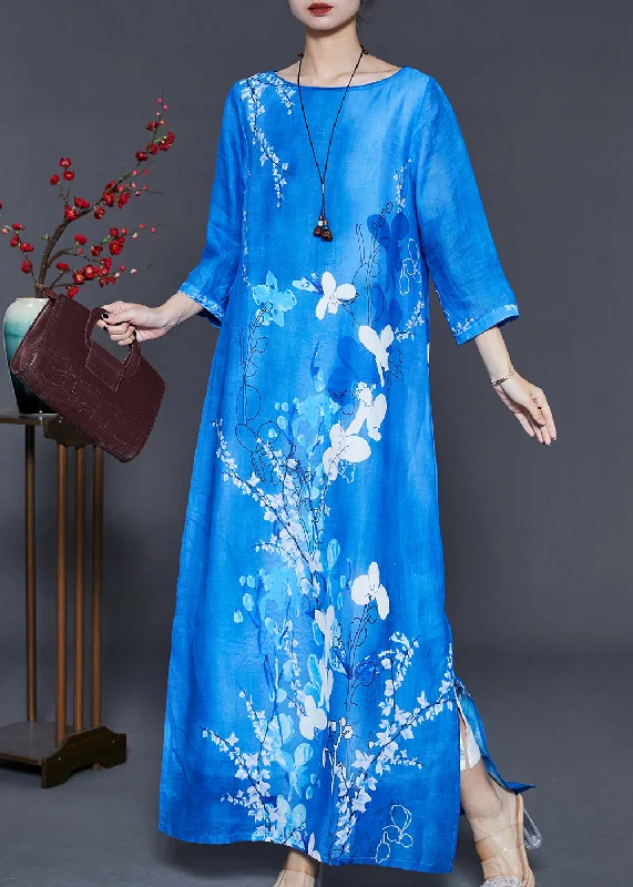 Special Discount chic shift dressElegant Peacock Blue Print Side Open Linen Dress Bracelet Sleeve Special Discount chic shift dressElegant Peacock Blue Print Side Open Linen Dress Bracelet Sleeve