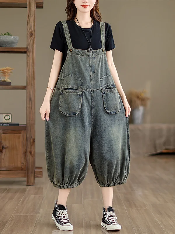 Final Markdown Women Retro Summer Solid Pocket Denim Jumpsuits FG1035