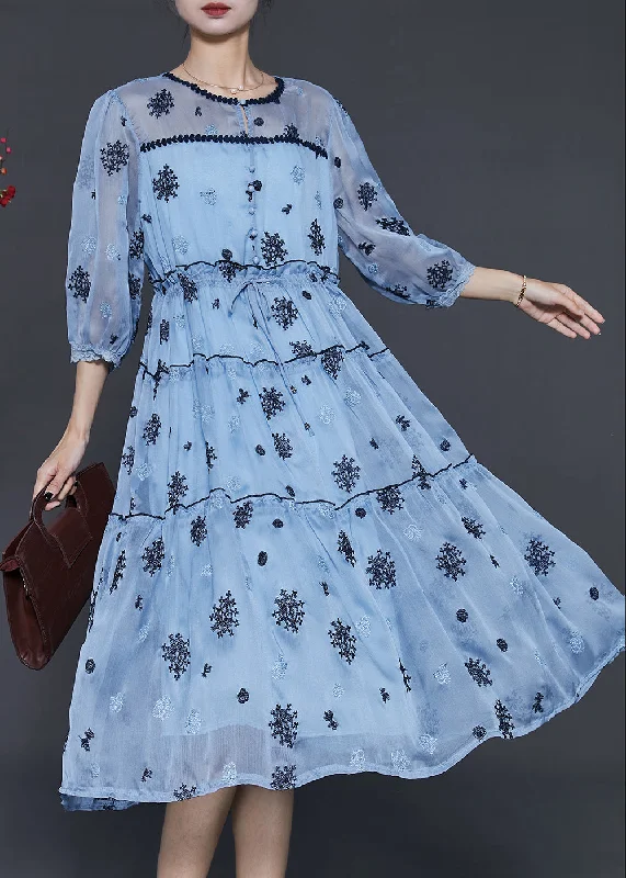While Supplies Last casual knit dressWomen Sea Blue Embroidered Silk Cinched Dress Summer