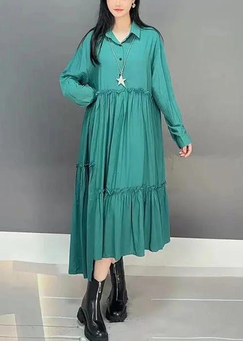 Instant Savings denim dressGreen Button Cotton Fall Long Dresses Asymmetrical