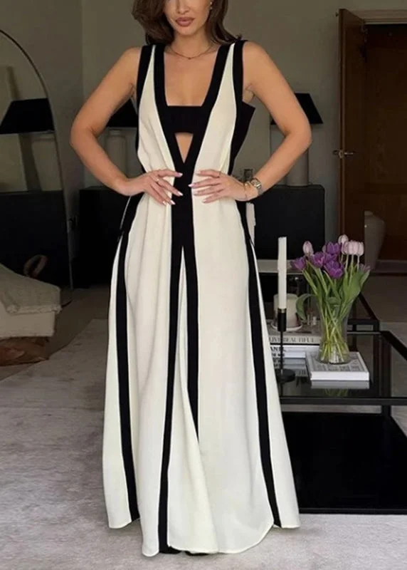 Super Bargain modern dressBrief White V Neck Striped Patchwork Long Dress Summer