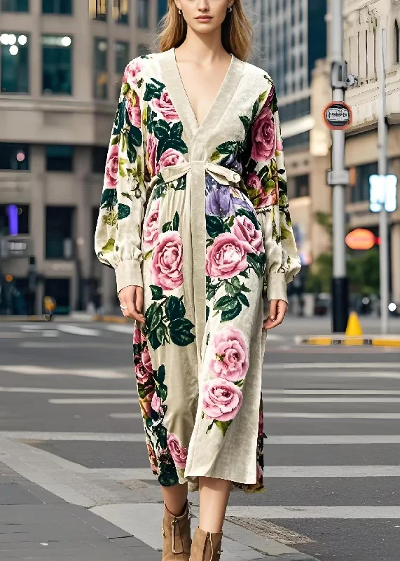 off-the-shoulder dressCasual Apricot V Neck Floral Print Silk Velvet Dress Spring