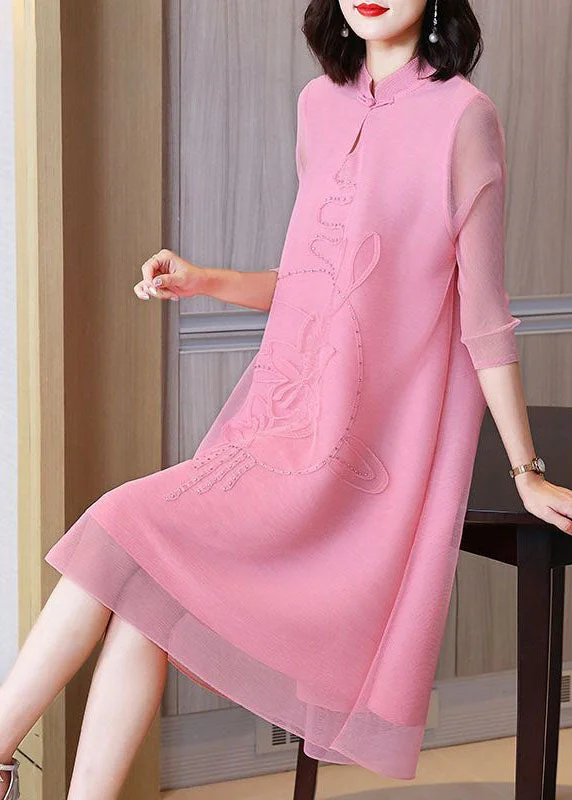 backless dressPink Jacquard A Line Dress Mandarin Collar Wrinkled Bracelet Sleeve