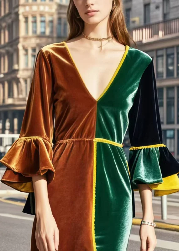 sleeveless dressFrench Colorblock V Neck Patchwork Silm Fit Silk Velvet Dresses Flare Sleeve