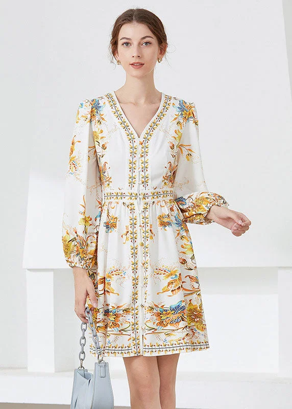 sleek dressChic White V Neck Print Chiffon Mid Dress Spring