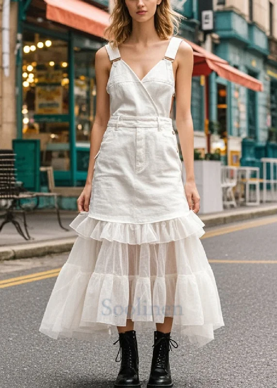 Value Deals modern dressStyle White Ruffled Patchwork Tulle Denim Long Dresses Summer Value Deals modern dressStyle White Ruffled Patchwork Tulle Denim Long Dresses Summer