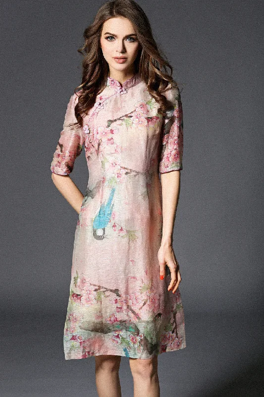 elegant dressFlower and Bird Print Qipao Dress