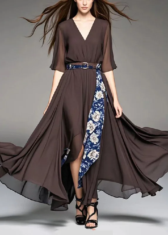 spaghetti strap dressStyle Chocolate Asymmetrical Patchwork Print Chiffon Ankle Dress Summer