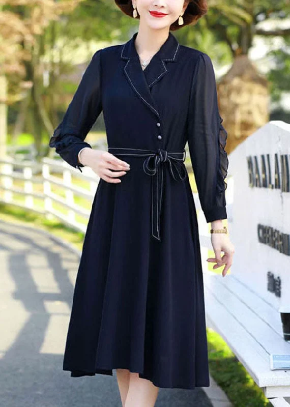 fitted dressFitted Navy Peter Pan Collar Patchwork Ruffles Chiffon Cinch Dresses Long Sleeve