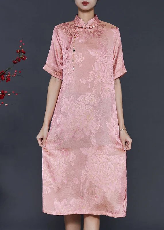 denim dressWomen Pink Tasseled Jacquard Silk Dresses Summer