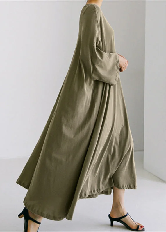 Price Cut off-the-shoulder dressArmy Green O-Neck Cotton Maxi Dress Long Sleeve