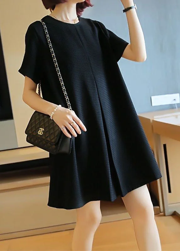 casual knit dressBlack Cotton A Line Dress O-Neck Wrinkled Summer