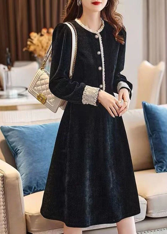 Limited Edition modern dressArt Black O-Neck Lace Patchwork Thick Corduroy Maxi Dresses Spring