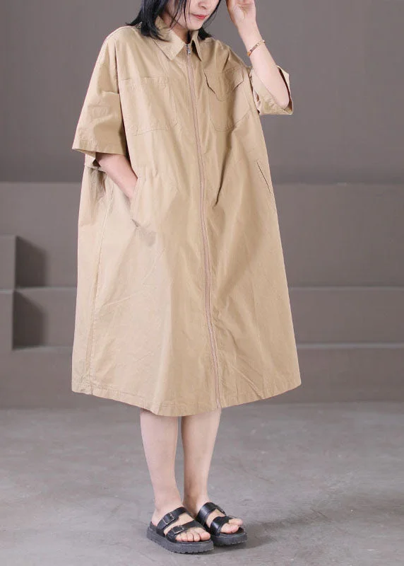 Price Cut casual dressClassy Khaki Turn-down Collar Zip Up Pockets Cotton A Line Dress Summer
