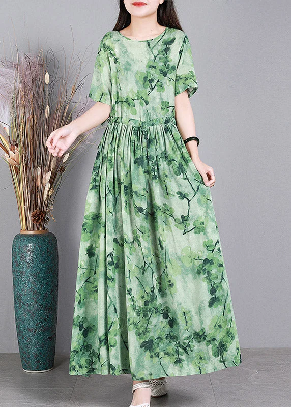 Special Promotion A-line dressFrench Green O-Neck Print Linen Long Dress Short Sleeve