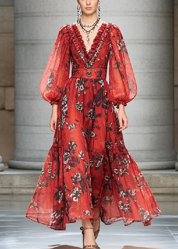 Super Sale draped dressBohemian Red Ruffled Print Chiffon Cinched Dress Fall