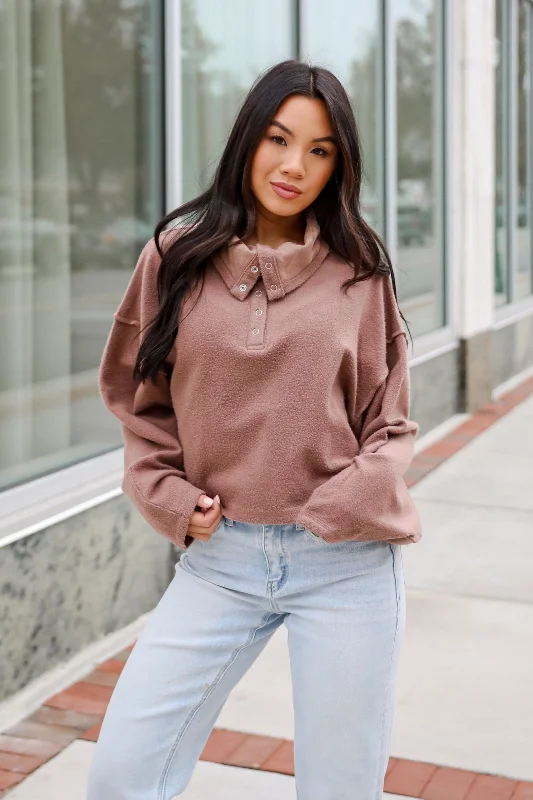 Stock Clearance cozy workout hoodieFINAL SALE - Snuggly Chic Brown Collared Pullover