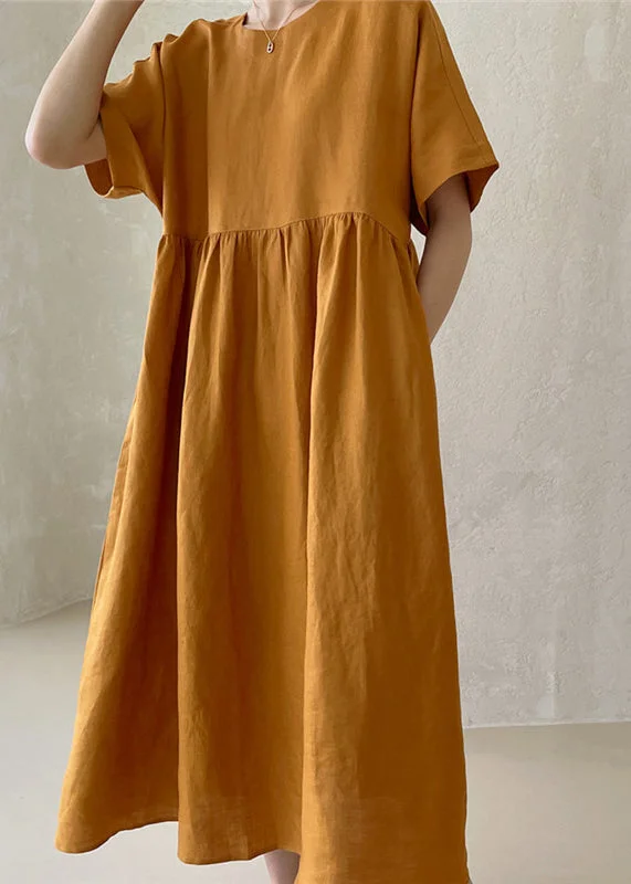 Anniversary Sale stylish party dressNovelty Ginger O-Neck Wrinkled Button Maxi Dresses Short Sleeve