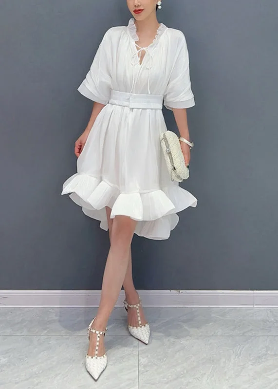 Instant Discount casual summer dressWhite Ruffled Patchwork Maxi Dress Half Sleeve
