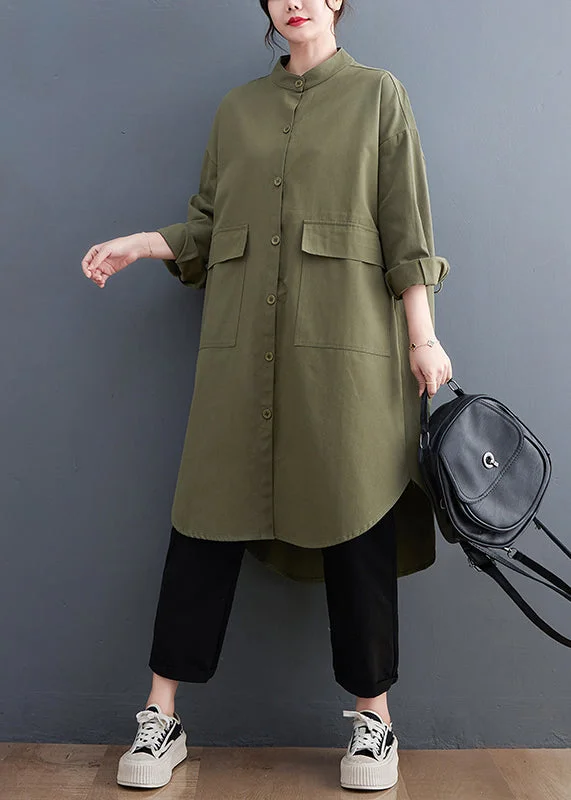 Flash Deals casual shift dressArmy Green Oversized Cotton Shirt Dresses Pockets Fall