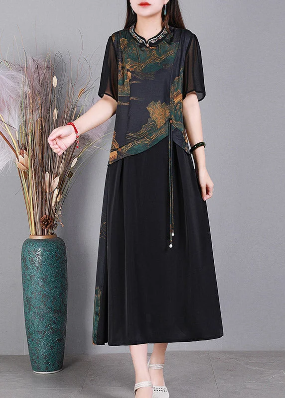 Limited Time Discount high-waisted dressBlack O-Neck Print Patchwork Silk Dresses Short Sleeve