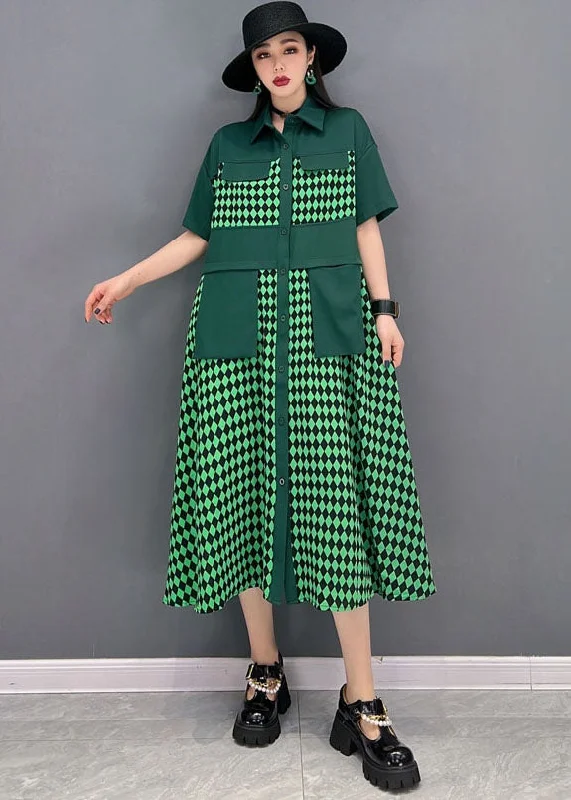 Super Sale tiered dressCasual Green Peter Pan Collar Patchwork Print Chiffon Party Dress Short Sleeve