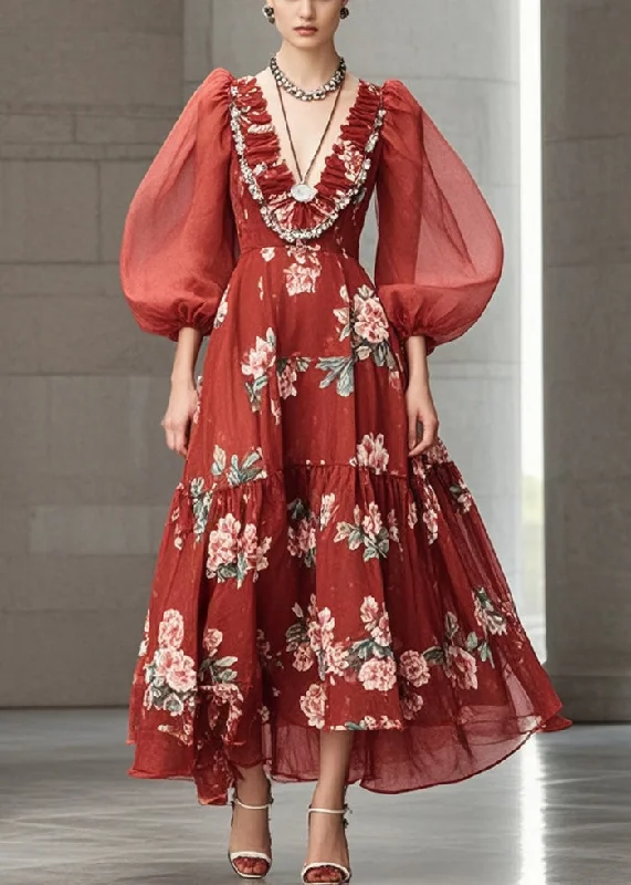 Buy Now classic fit-and-flare dressStylish Red Puff Sleeve Print Chiffon Party Dress